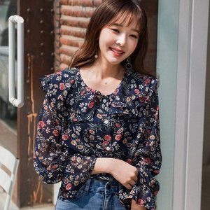 Envy Look Layered-Collar Floral Print Blouse Navy Blue One Size